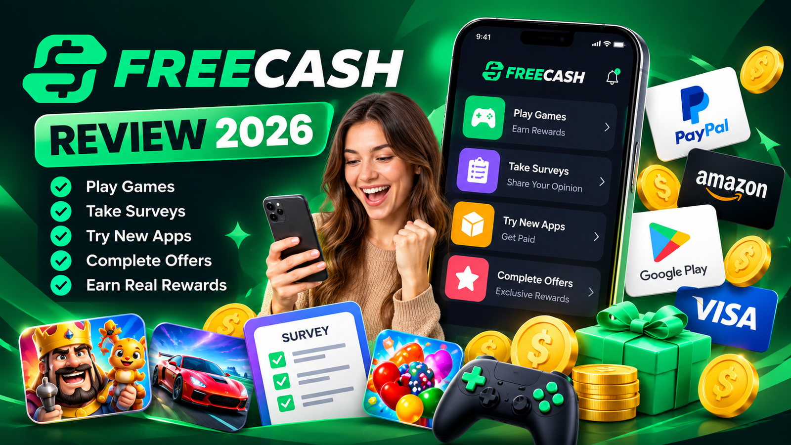 Freecash review 2026 showing games surveys and reward options
