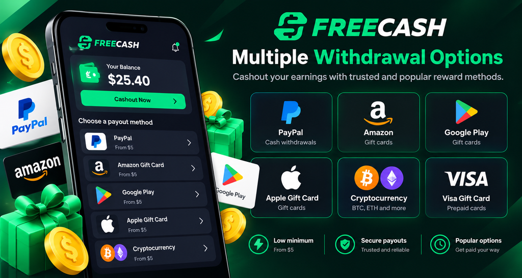 Freecash withdrawal methods and reward options